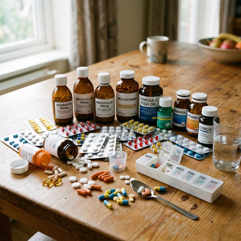Bottles and blister packs of pills including ibuprofen, amoxycillin, multivitamins, fish oil, aspirin, panadol, vitamin C, and Lyrica on a wooden table